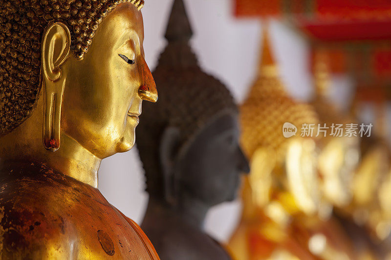 在Wat Pho，曼谷，泰国的佛像排成一行